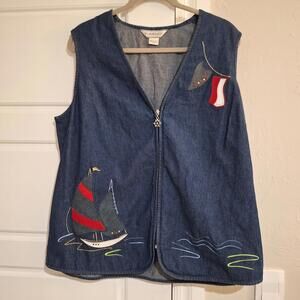 Allison Daley Nautical Sailboat Denim Vest 16 Cotton Fisherman core Coastal Blue